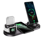 6 in 1 charging dock station with space for iPhone, Apple Watch, and AirPods, featuring sleek design and charging indicators.