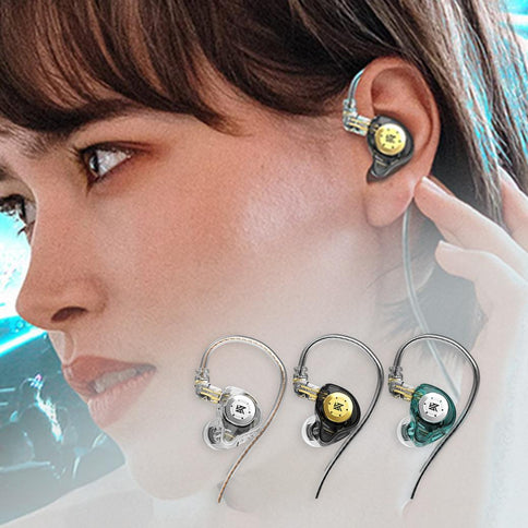 KZ EDX Pro earphones displayed worn by a model, featuring a sleek design with bass earbuds for sports performance