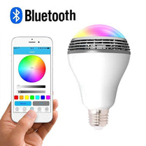 Creative Home LED smart Bluetooth speaker bulb with colorful lighting effects, paired with a smartphone app for remote control