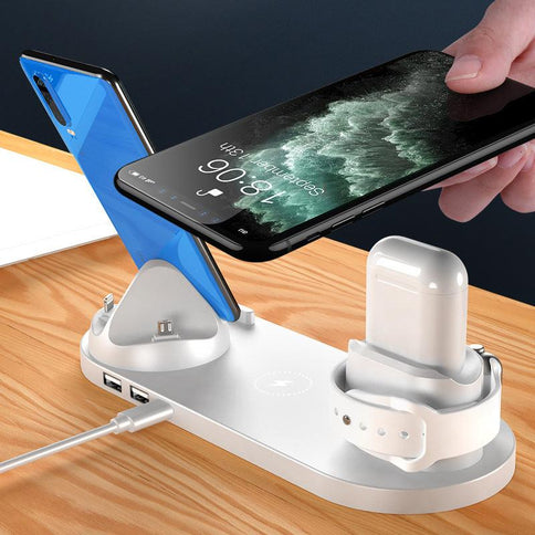 6 in 1 charging dock station for iPhone and Apple Watch, featuring multiple ports and sleek design for charging convenience