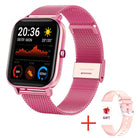 Rose gold blood pressure smart watch with heart rate monitor, colorful display, and mesh strap for stylish health tracking