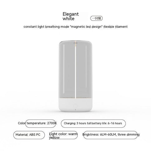 Rechargeable LED camping light rechargeable with a stylish white design, bright yellow glow, and magnetic flexible filament for outdoor use