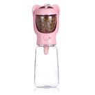 Pink portable pet water bottle with a food compartment for snacks, perfect for traveling with pets