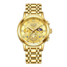 Luminous multifunctional men's watch with gold metal band, moon phase display, and chronograph features for stylish timekeeping