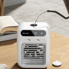 Portable water cooling fan for office use, featuring a sleek white design and easy water refill for efficient cooling