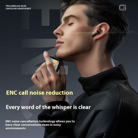 Fashion Bluetooth headset worn by a young man, showcasing sleek design and noise reduction features for clear conversations