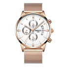 Luxury men's chronograph watch with a white dial, rose gold mesh band, and multiple sub-dials for enhanced functionality