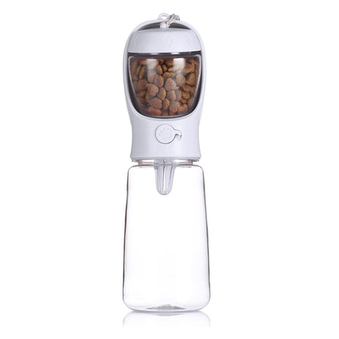 Fashionable portable pet water bottle with a food compartment and a clear design, perfect for pet outings