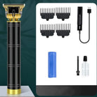 Professional electric hair clippers with gold trimming, various guard sizes, USB charger, and cleaning kit for precise grooming