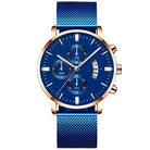 Elegant business mesh band watch for men featuring a blue dial, chronograph functions, and a stylish gold case.