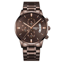 Luxury men's chronograph watch with a brown dial and stainless steel bracelet, featuring multiple subdials for timing functions