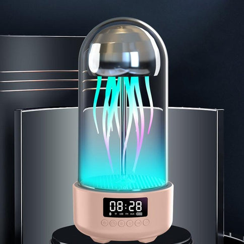 Colorful jellyfish lamp with clock featuring luminous jellyfish movements and a digital display for time, portable and stylish design