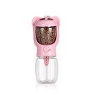 Fashionable portable pet water bottle with a pink design and food compartment for on-the-go pet hydration and snacks.