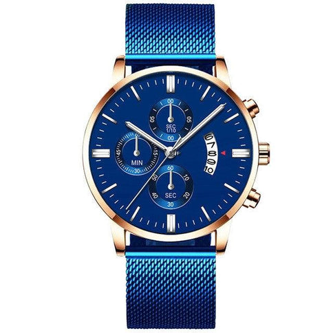 Elegant business mesh band watch for men featuring a blue dial, gold accents, and multifunction chronograph design