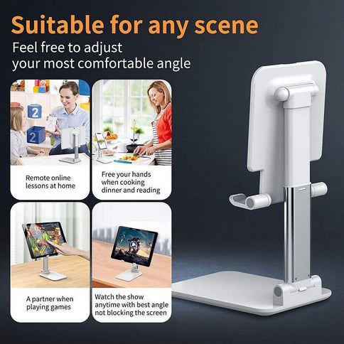 Adjustable cell phone stand showcasing various use cases including video calls, cooking, and gaming for optimal comfort