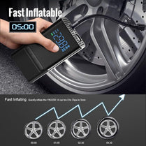 Portable fast inflating air compressor with digital display inflating a car tire, ideal for bicycles, cars, and boats.