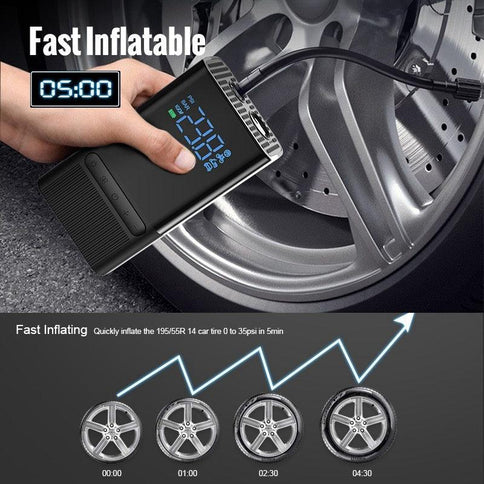 Portable fast inflating air compressor with digital display inflating a car tire, ideal for bicycles, cars, and boats.