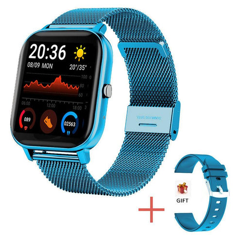 Stylish blood pressure smart watch with a blue mesh band, displaying heart rate and health data on a vibrant screen