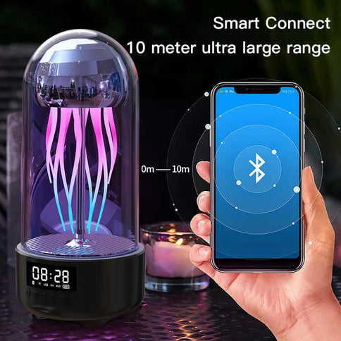 Colorful jellyfish lamp with clock displaying time and Bluetooth connectivity, featuring a luminous design and portable stereo