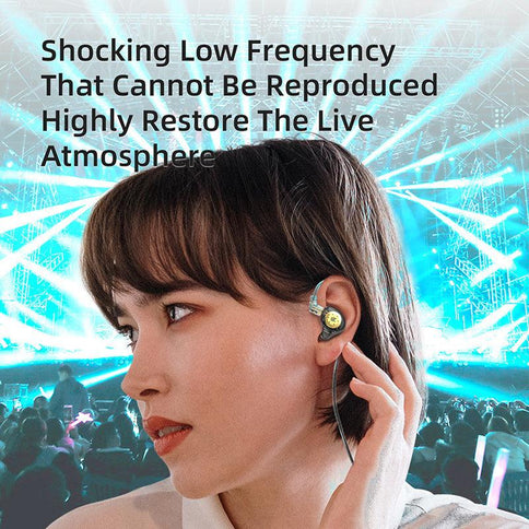 KZ EDX Pro earphones worn by a woman, showcasing their design amidst a vibrant concert atmosphere with dynamic lighting.