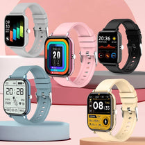 Collection of stylish blood pressure smart watches in various colors showcasing health monitoring features and vibrant displays