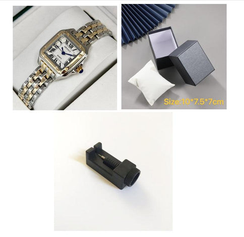 Stylish waterproof women's fashion watch with square face and metallic strap, presented in a gift box