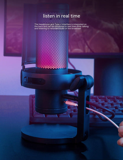 Highfre Type-C computer microphone with stylish design, integrated headphone jack, and vibrant LED lighting for live broadcasting.