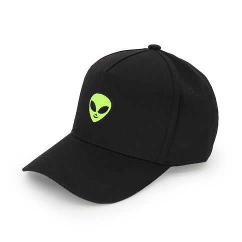 Black alien head baseball cap with vibrant green embroidered alien design for a trendy and stylish look