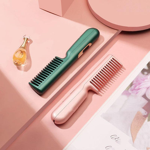 Portable 2 in 1 negative ion hair comb in green and pink, designed for smooth hair styling and USB charging