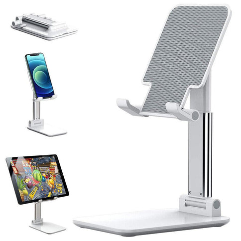 Adjustable cell phone stand with a sleek design, suitable for both phones and tablets, featuring a sturdy base and ergonomic height adjustment