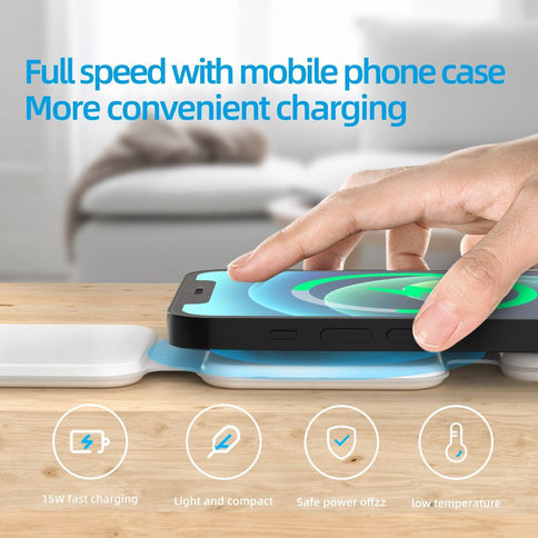 3 in 1 wireless charger charging station showcasing a foldable design, compatible with multiple devices, and featuring efficient charging from a mobile phone case