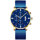 Elegant business mesh band watch for men featuring a blue dial, gold accents, and a durable mesh band