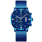 Stylish blue business mesh band watch for men features a quartz movement and multifunctional dials for a modern look