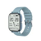 Stylish blood pressure smart watch displaying heart rate, step count, and time, featuring a blue strap and modern design