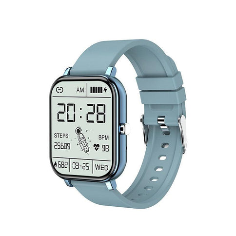 Stylish blood pressure smart watch displaying heart rate, step count, and time, featuring a blue strap and modern design