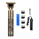 Dragon phoenix hair clippers with intricate dragon design, USB charger, and multiple attachment combs for precise hair cutting