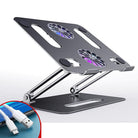 Foldable aluminum laptop stand with cooling fans and adjustable height for ergonomic desktop use