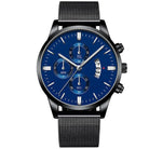 Elegant business mesh band watch for men, featuring a deep blue dial, chronograph function, and sleek black stainless steel mesh band.