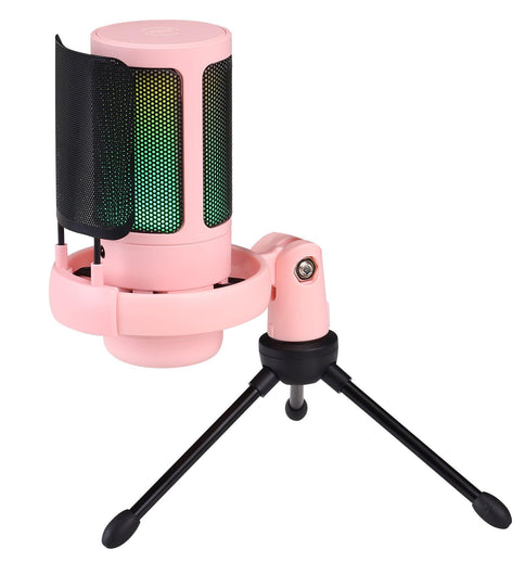 Pink USB noise reduction recording microphone with RGB lighting and a sturdy stand, ideal for singing and recording