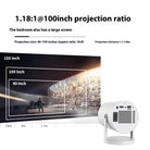 Compact projector for home theater displaying 100 and 150 inch screen sizes with automatic focus and optimal projection distances