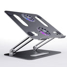 Adjustable aluminum laptop stand with cooling fans and a sleek black design for ergonomic desktop use