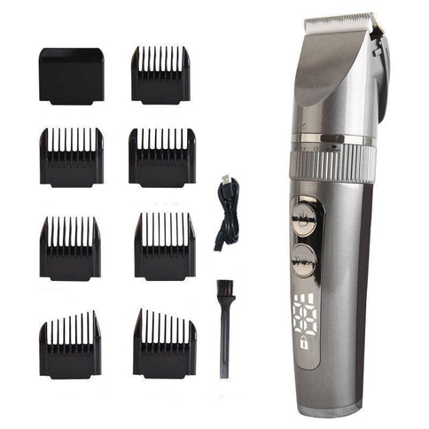 LCD display USB electric clippers with multiple comb attachments and a charging cable for precision grooming