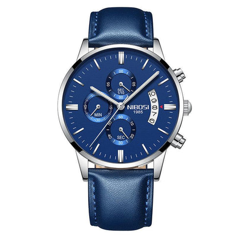 Luxury men's chronograph watch with a blue dial and leather strap featuring multiple subdials for time tracking