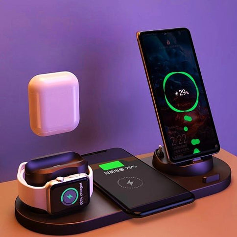 6 in 1 charging dock station with a smartphone, Apple Watch, and AirPods, featuring a sleek design and fast charging capabilities