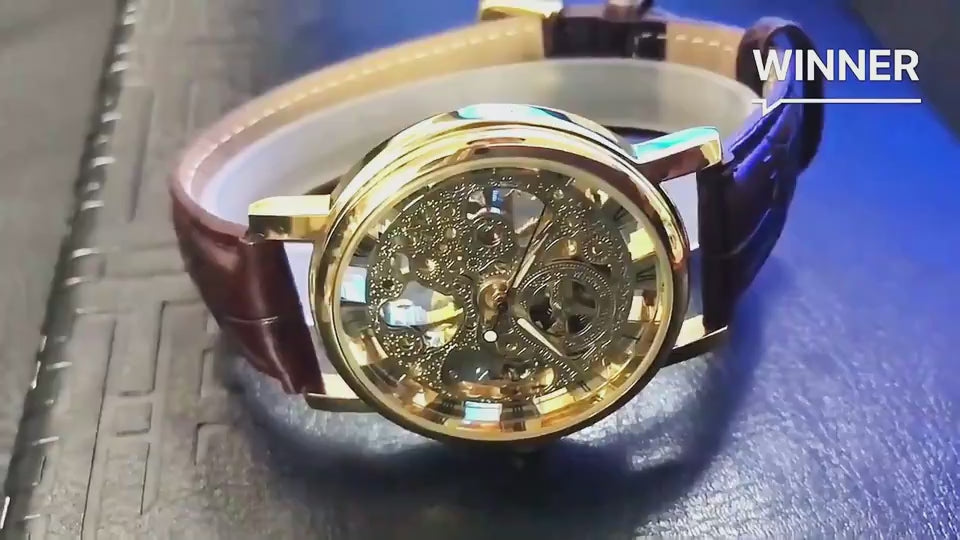 Elegant gold automatic watch for men with intricate skeleton design and brown leather strap from Highfre