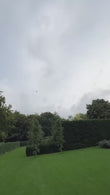 A LED flying drone toy soaring above a lush green lawn, surrounded by trees and hedges on a cloudy day